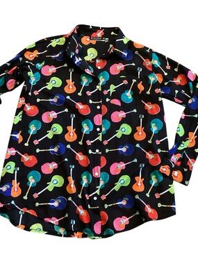 KikiSol Guitar Print Button Front Shirt Black 100% Cotton Artsy Music Small